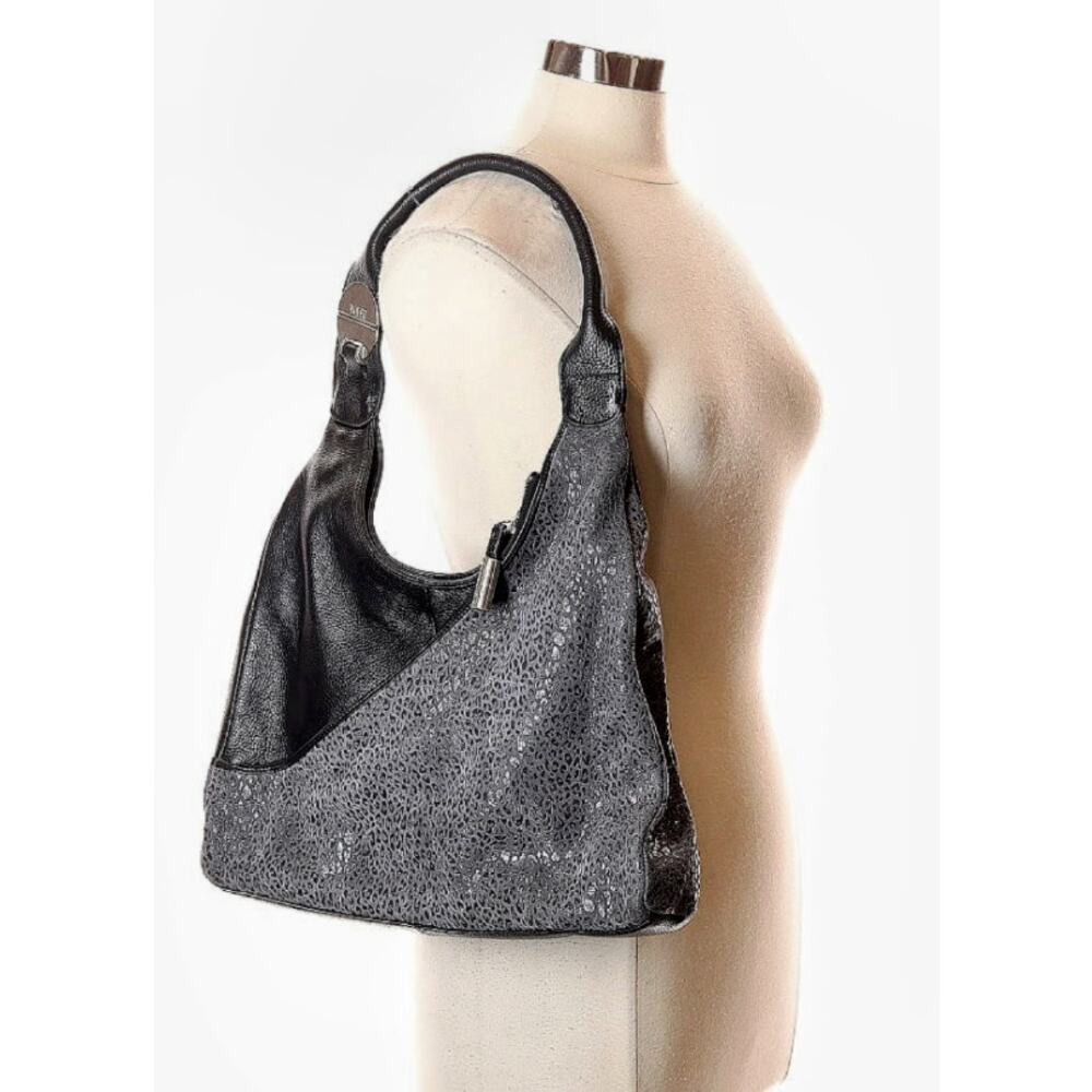 BODHI Black Leather Silver Subtle Metallic Leopard Hobo Bag
